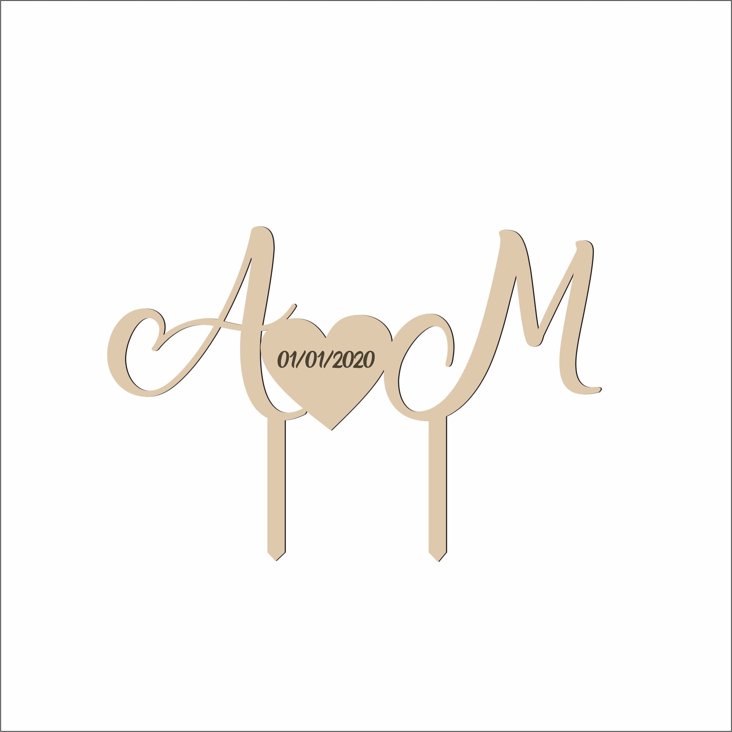 Cake topper cuore con iniziali e data personalizzabili