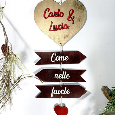 Cuore Frecce love in legno con nomi e frase