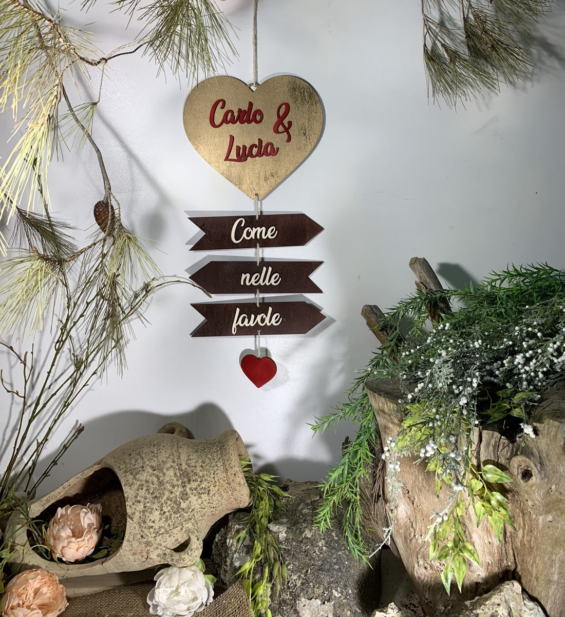 Cuore Frecce love in legno con nomi e frase