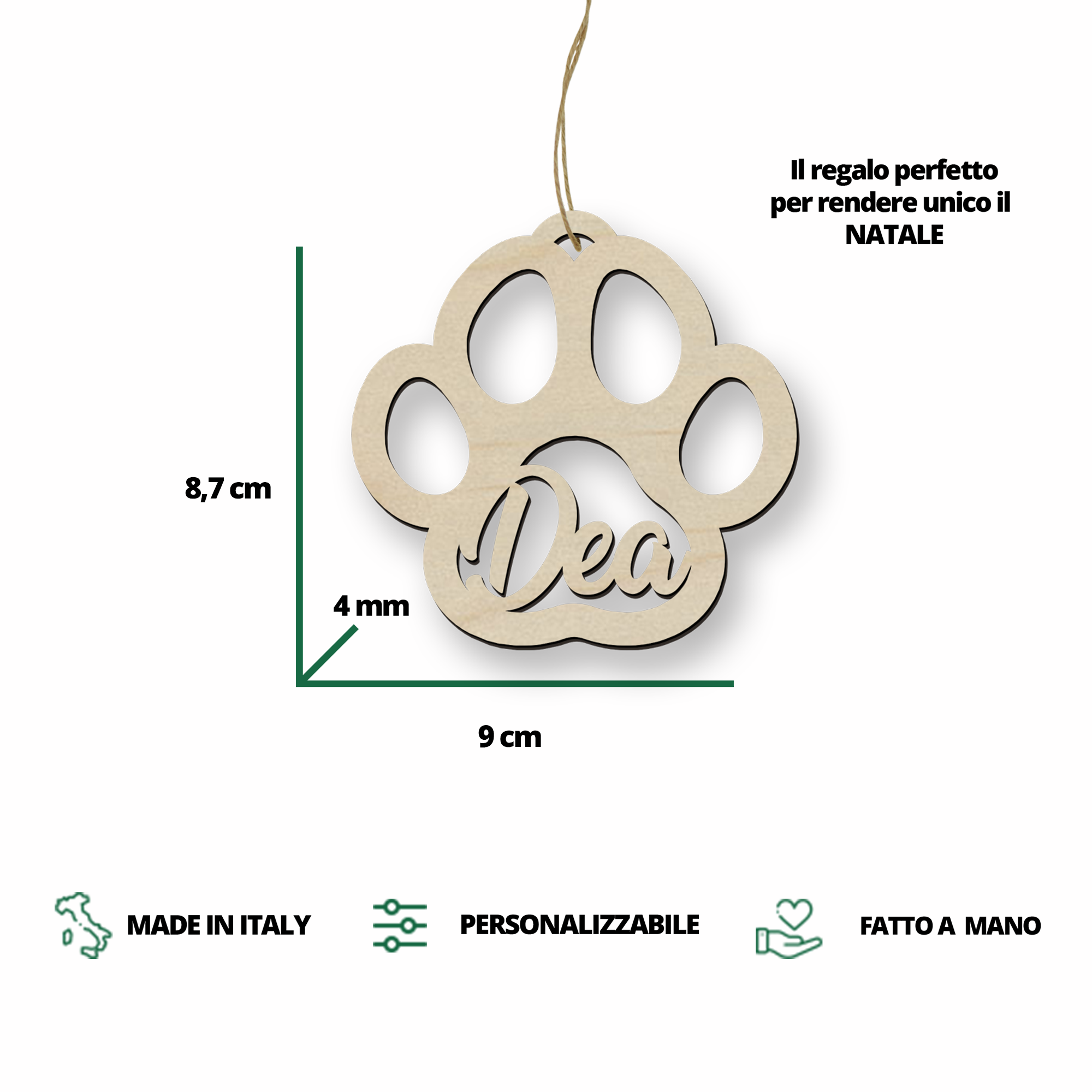 Pallina di Natale in legno a forma di zampa personalizzabile con un nome per i nostri amici animali Idea's Cottage