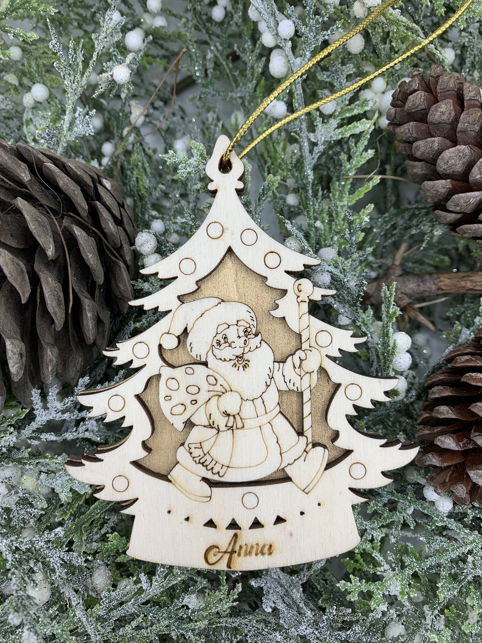 Pallina per decorazioni natalizie personalizzate Babbo Natale e Alberello con nome Idea's Cottage