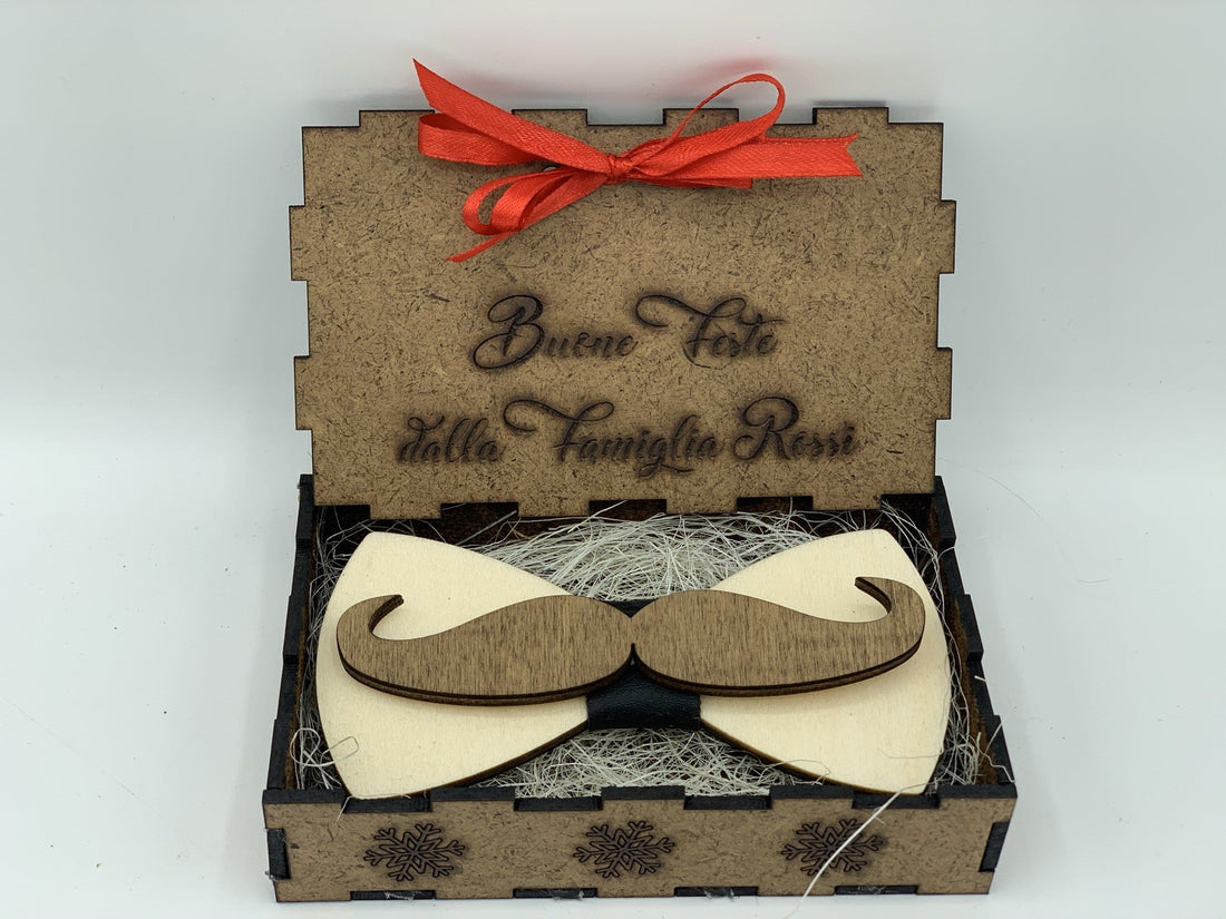 Papillon in legno Baffo con scatola regalo personalizzata Idea's Cottage