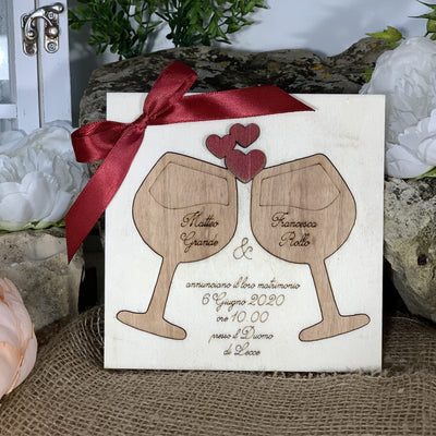 Partecipazione in legno Calici tema vino 2