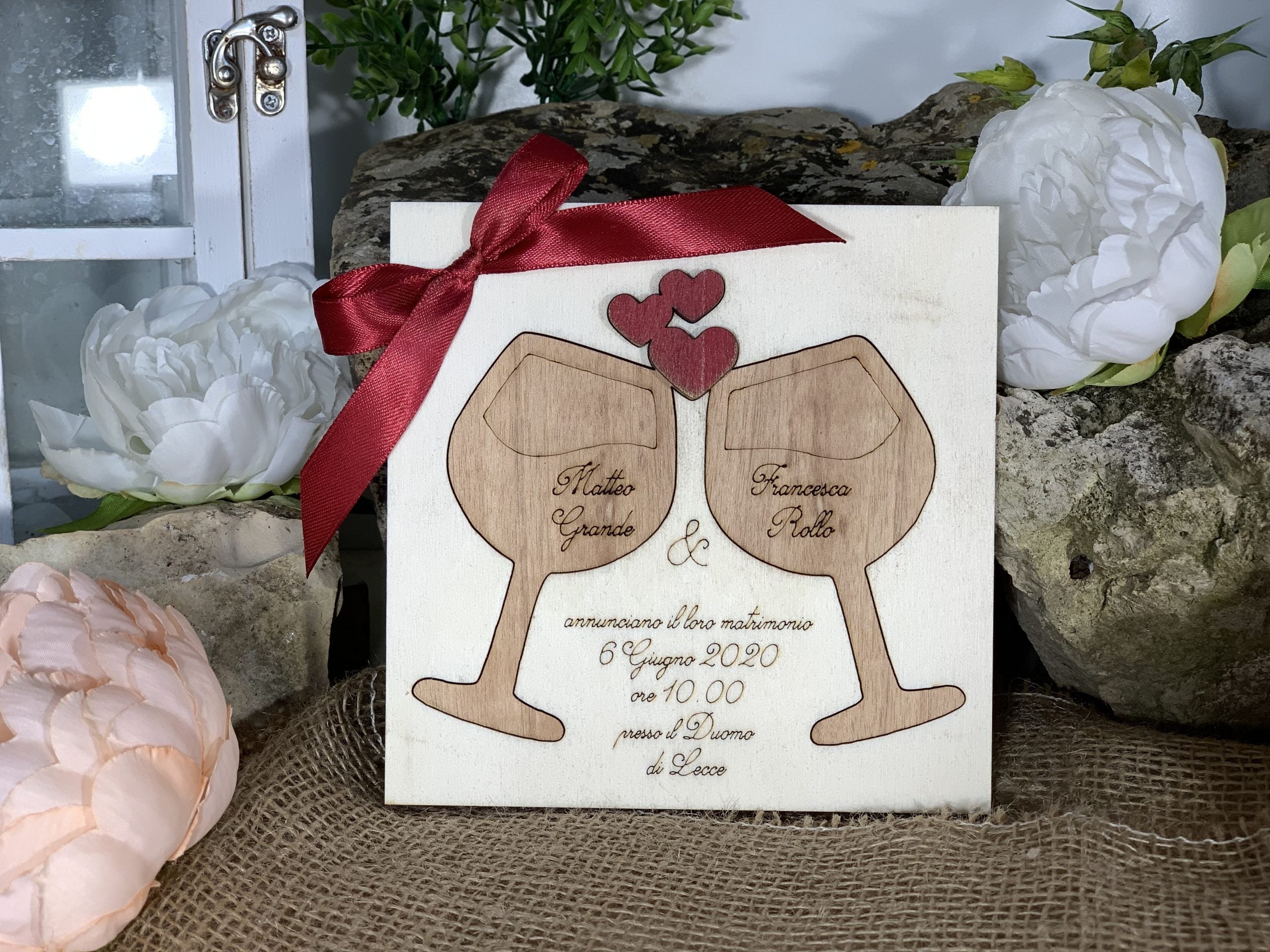 Partecipazione in legno Calici tema vino 2