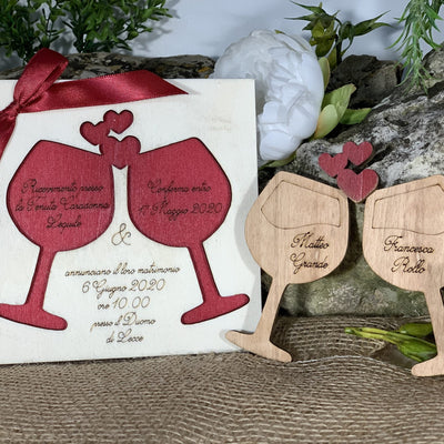 Partecipazione in legno Calici tema vino 3
