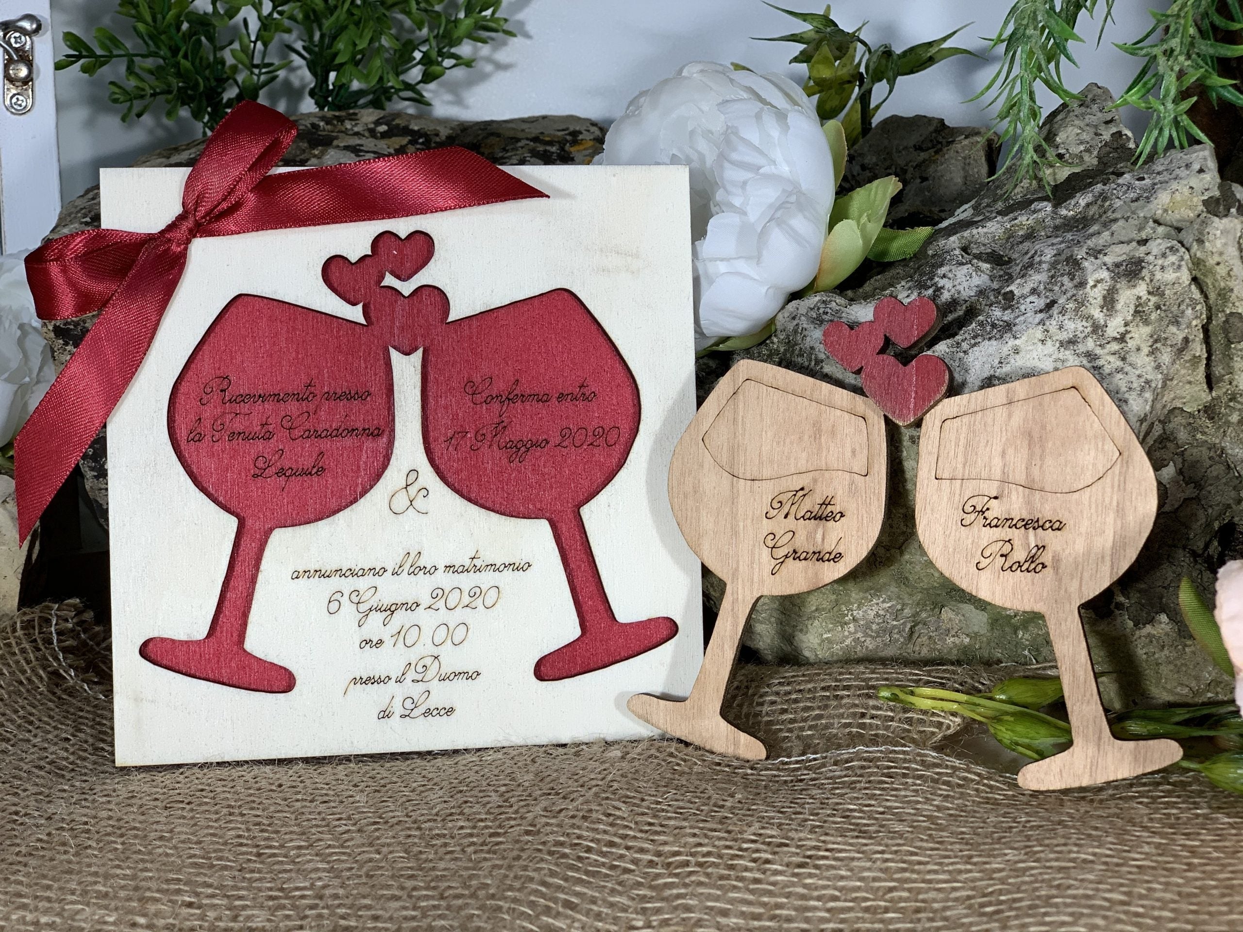 Partecipazione in legno Calici tema vino 3