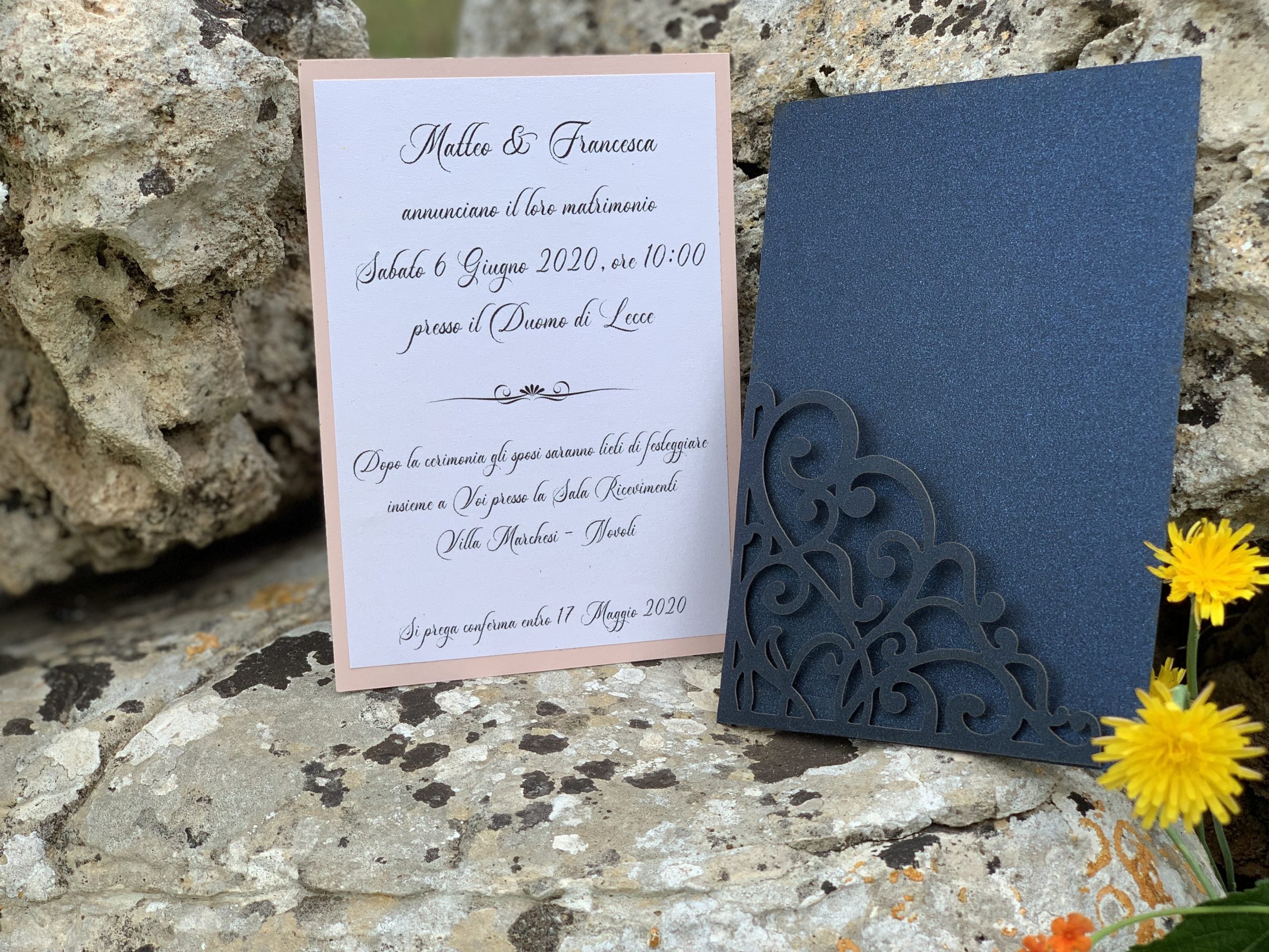 Partecipazione nozze blu laser cut 3