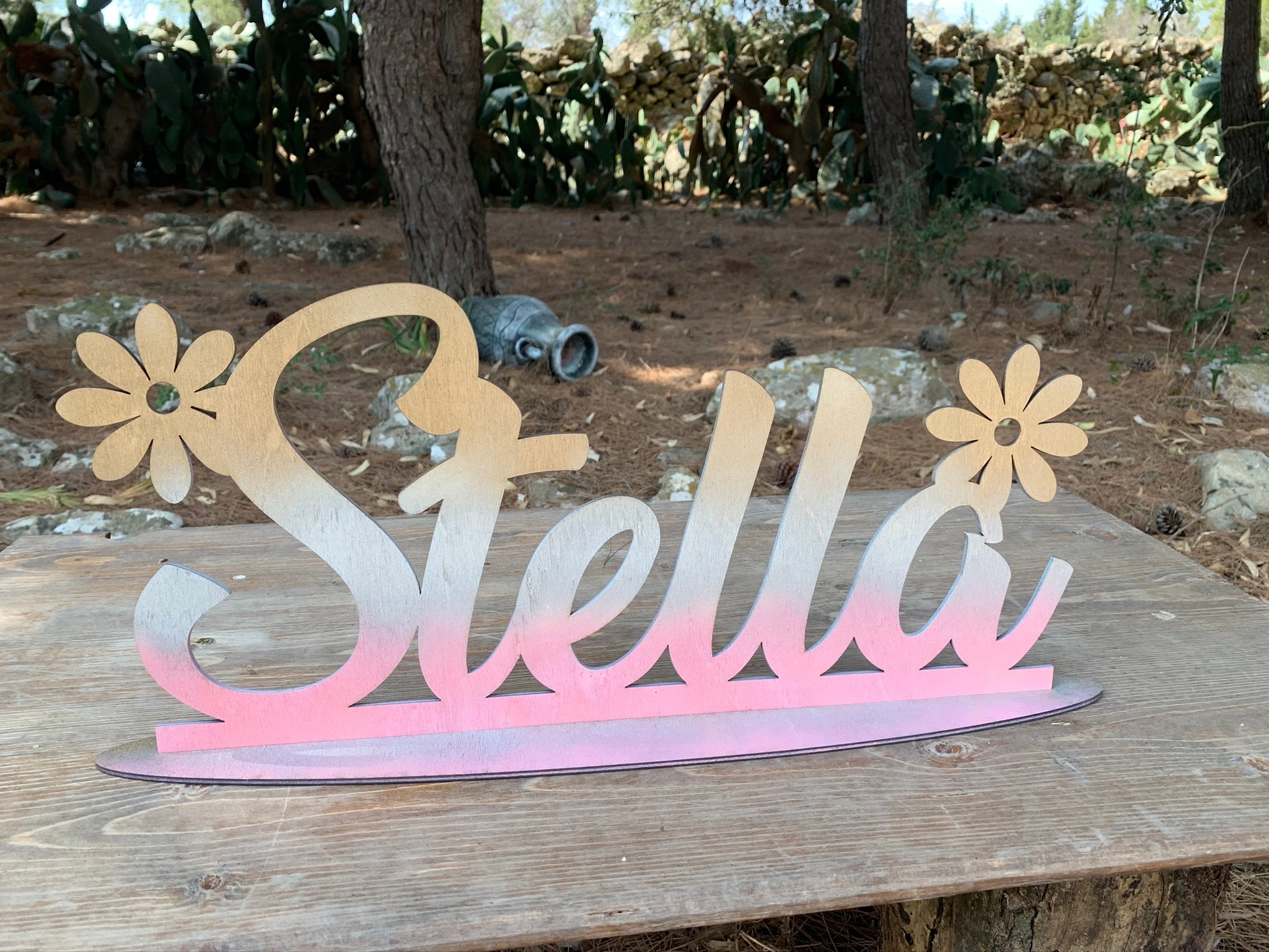 Scritta in legno con base con sfumatura di colore Rosa Argento Oro Idea's Cottage