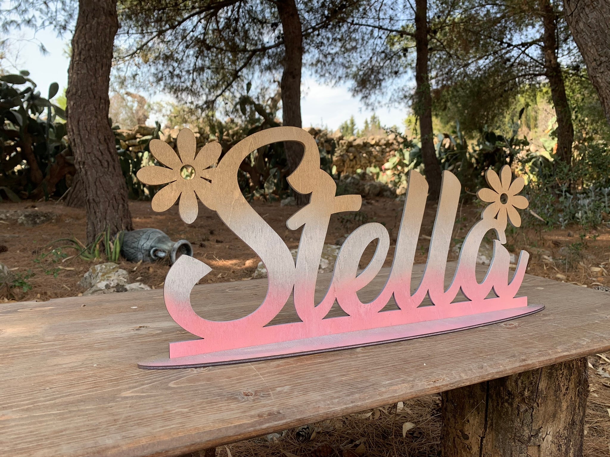 Scritta in legno con base con sfumatura di colore Rosa Argento Oro Idea's Cottage